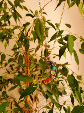 Gold Moon & 7 Chakras Necklace, Stainless Steel Chain