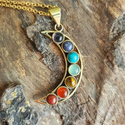 Gold Moon & 7 Chakras Necklace / Hypoallergenic / Yoga / Reiki / Boho / Hippie / Rustic / Ethnic / Crystals / Third Eye / Illuminati