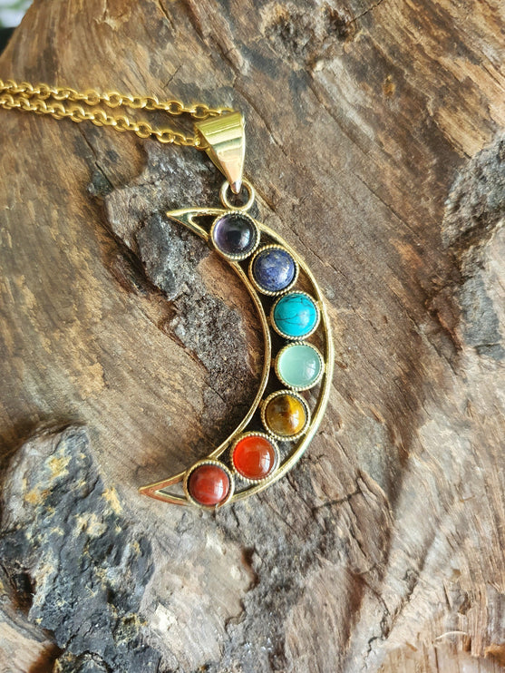 Gold Moon & 7 Chakras Necklace / Hypoallergenic / Yoga / Reiki / Boho / Hippie / Rustic / Ethnic / Crystals / Third Eye / Illuminati