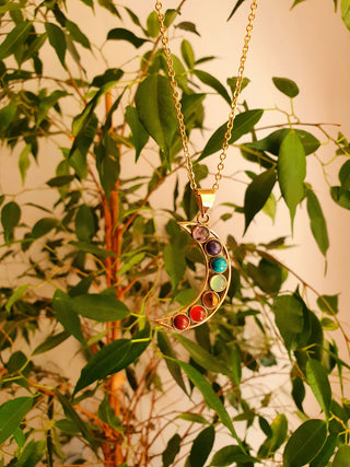 Gold Moon & 7 Chakras Necklace, Stainless Steel Chain