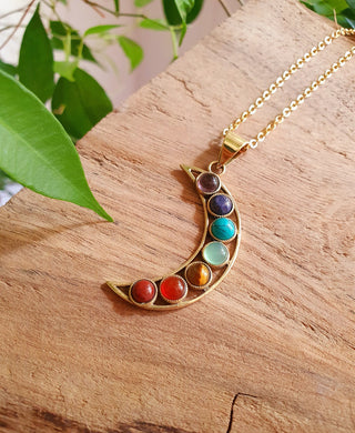 Gold Moon & 7 Chakras Necklace, Stainless Steel Chain
