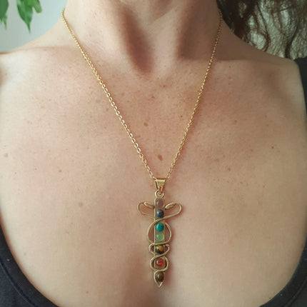 Golden Sword, Snakes & 7 Chakras Necklace / Hypoallergenic / Yoga / Reiki / Boho / Hippie / Rustic / Ethnic / Third Eye / Illuminati