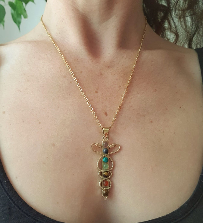 Golden Sword, Snakes & 7 Chakras Necklace / Hypoallergenic / Yoga / Reiki / Boho / Hippie / Rustic / Ethnic / Third Eye / Illuminati