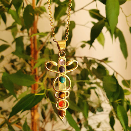 Golden Sword, Snakes & 7 Chakras Necklace / Hypoallergenic / Yoga / Reiki / Boho / Hippie / Rustic / Ethnic / Third Eye / Illuminati