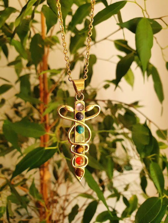 Golden Sword, Snakes & 7 Chakras Necklace / Hypoallergenic / Yoga / Reiki / Boho / Hippie / Rustic / Ethnic / Third Eye / Illuminati