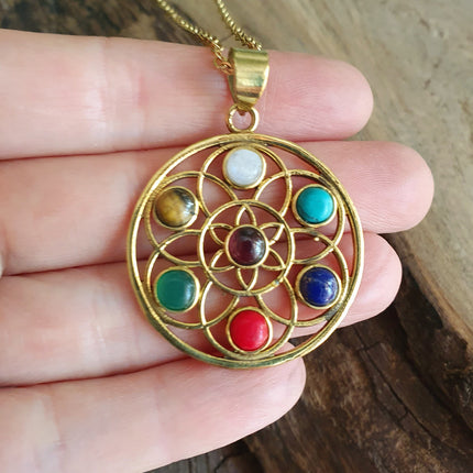 Gold 7 Chakras Necklace / Hypoallergenic / Yoga / Reiki / Boho / Hippie / Rustic / Ethnic / Crystals / Third Eye / Illuminati