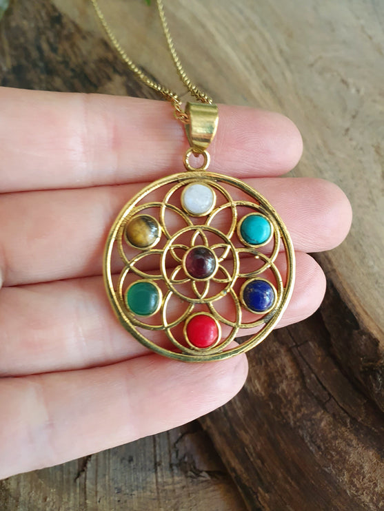 Gold 7 Chakras Necklace / Hypoallergenic / Yoga / Reiki / Boho / Hippie / Rustic / Ethnic / Crystals / Third Eye / Illuminati