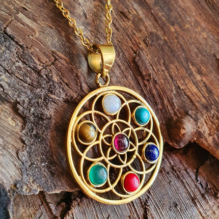 Gold 7 Chakras Necklace / Hypoallergenic / Yoga / Reiki / Boho / Hippie / Rustic / Ethnic / Crystals / Third Eye / Illuminati