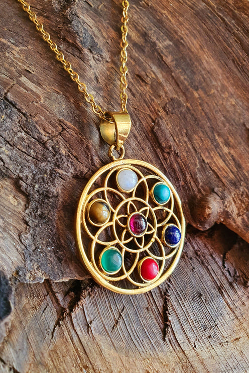 Gold 7 Chakras Necklace / Hypoallergenic / Yoga / Reiki / Boho / Hippie / Rustic / Ethnic / Crystals / Third Eye / Illuminati