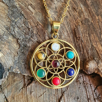 Gold 7 Chakras Necklace / Hypoallergenic / Yoga / Reiki / Boho / Hippie / Rustic / Ethnic / Crystals / Third Eye / Illuminati