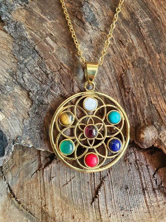 Gold 7 Chakras Necklace / Hypoallergenic / Yoga / Reiki / Boho / Hippie / Rustic / Ethnic / Crystals / Third Eye / Illuminati