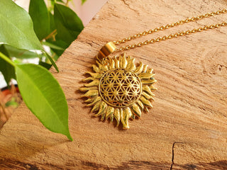 Gold Sun Necklace in Brass | Hypoallergenic Chain | Boho Chic Jewelry for Women | Spiritual Solar Pendant for Positive Energy