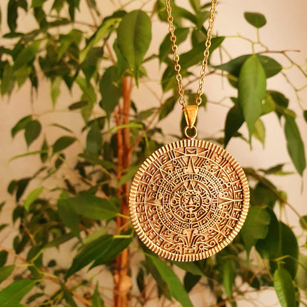 Gold Sacred Mayan Calendar Necklace / Hypoallergenic / Brass / Boho / Aztec / Inca / Ethnic / Hypoallergenic / Third Eye / Illuminati