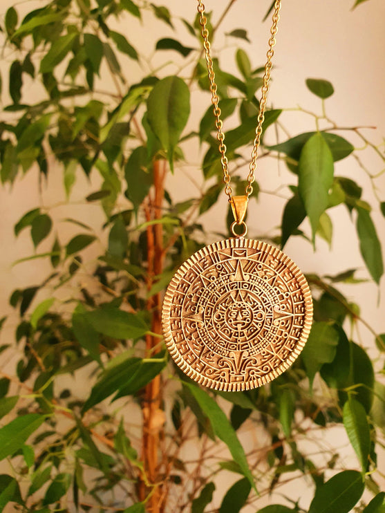 Gold Sacred Mayan Calendar Necklace / Hypoallergenic / Brass / Boho / Aztec / Inca / Ethnic / Hypoallergenic / Third Eye / Illuminati