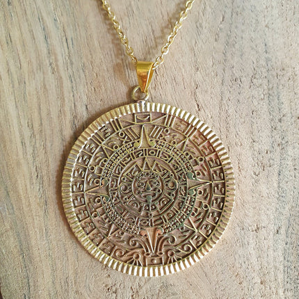 Gold Sacred Mayan Calendar Necklace / Hypoallergenic / Brass / Boho / Aztec / Inca / Ethnic / Hypoallergenic / Third Eye / Illuminati