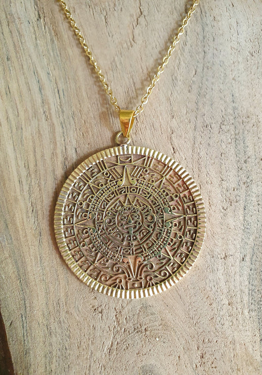 Gold Sacred Mayan Calendar Necklace / Hypoallergenic / Brass / Boho / Aztec / Inca / Ethnic / Hypoallergenic / Third Eye / Illuminati