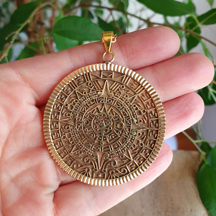 Gold Sacred Mayan Calendar Necklace / Hypoallergenic / Brass / Boho / Aztec / Inca / Ethnic / Hypoallergenic / Third Eye / Illuminati