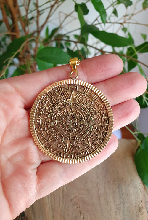 Gold Sacred Mayan Calendar Necklace / Hypoallergenic / Brass / Boho / Aztec / Inca / Ethnic / Hypoallergenic / Third Eye / Illuminati