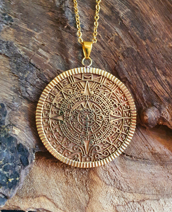 Gold Sacred Mayan Calendar Necklace / Hypoallergenic / Brass / Boho / Aztec / Inca / Ethnic / Hypoallergenic / Third Eye / Illuminati