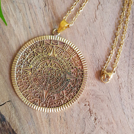 Gold Sacred Mayan Calendar Necklace / Hypoallergenic / Brass / Boho / Aztec / Inca / Ethnic / Hypoallergenic / Third Eye / Illuminati