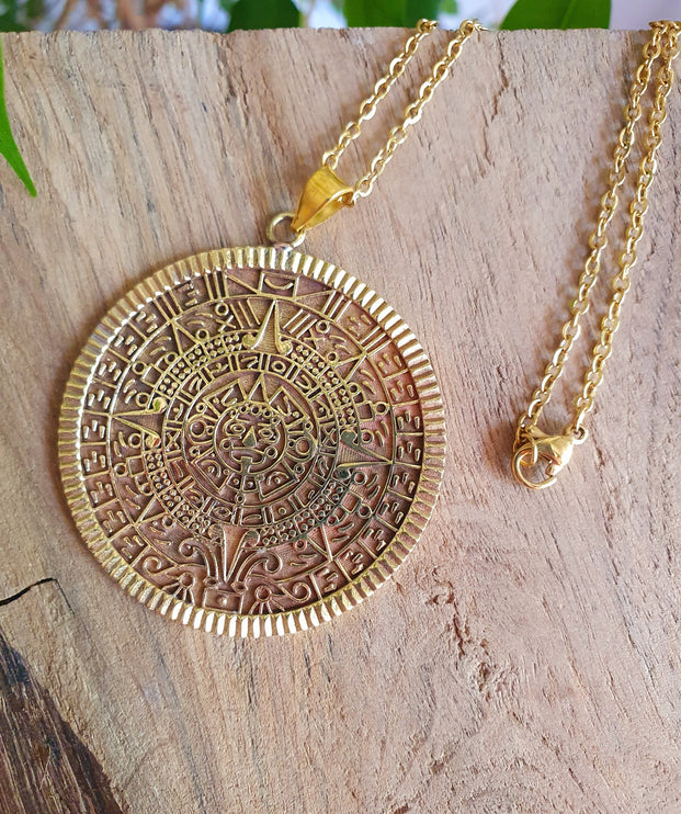 Gold Sacred Mayan Calendar Necklace / Hypoallergenic / Brass / Boho / Aztec / Inca / Ethnic / Hypoallergenic / Third Eye / Illuminati