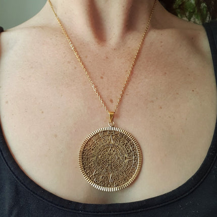 Gold Sacred Mayan Calendar Necklace / Hypoallergenic / Brass / Boho / Aztec / Inca / Ethnic / Hypoallergenic / Third Eye / Illuminati