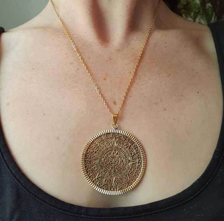 Gold Sacred Mayan Calendar Necklace / Hypoallergenic / Brass / Boho / Aztec / Inca / Ethnic / Hypoallergenic / Third Eye / Illuminati