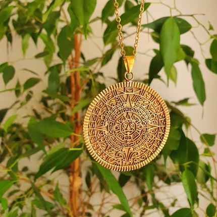 Gold Sacred Mayan Calendar Necklace / Hypoallergenic / Brass / Boho / Aztec / Inca / Ethnic / Hypoallergenic / Third Eye / Illuminati