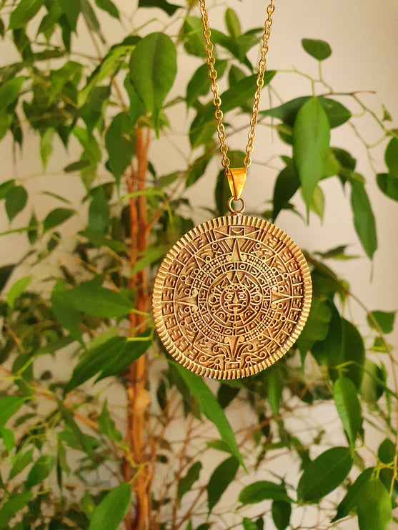 Gold Sacred Mayan Calendar Necklace / Hypoallergenic / Brass / Boho / Aztec / Inca / Ethnic / Hypoallergenic / Third Eye / Illuminati