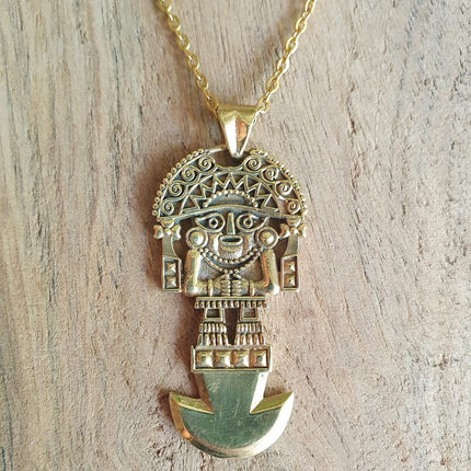 Gold Sacred Mayan God Pantheon Necklace / Hypoallergenic / Brass / Boho / Aztec / Inca / Ethnic / Hypoallergenic / Third Eye / Illuminati