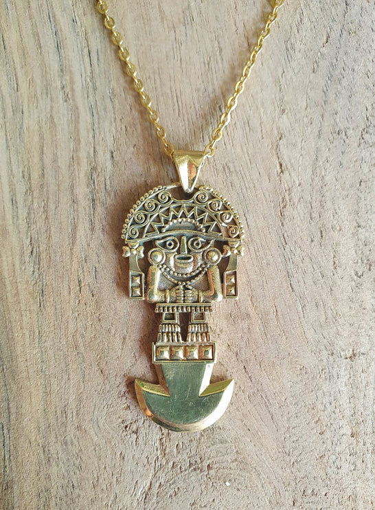 Gold Sacred Mayan God Pantheon Necklace / Hypoallergenic / Brass / Boho / Aztec / Inca / Ethnic / Hypoallergenic / Third Eye / Illuminati