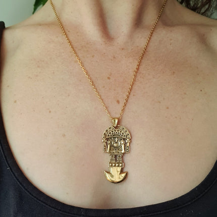 Gold Sacred Mayan God Pantheon Necklace / Hypoallergenic / Brass / Boho / Aztec / Inca / Ethnic / Hypoallergenic / Third Eye / Illuminati