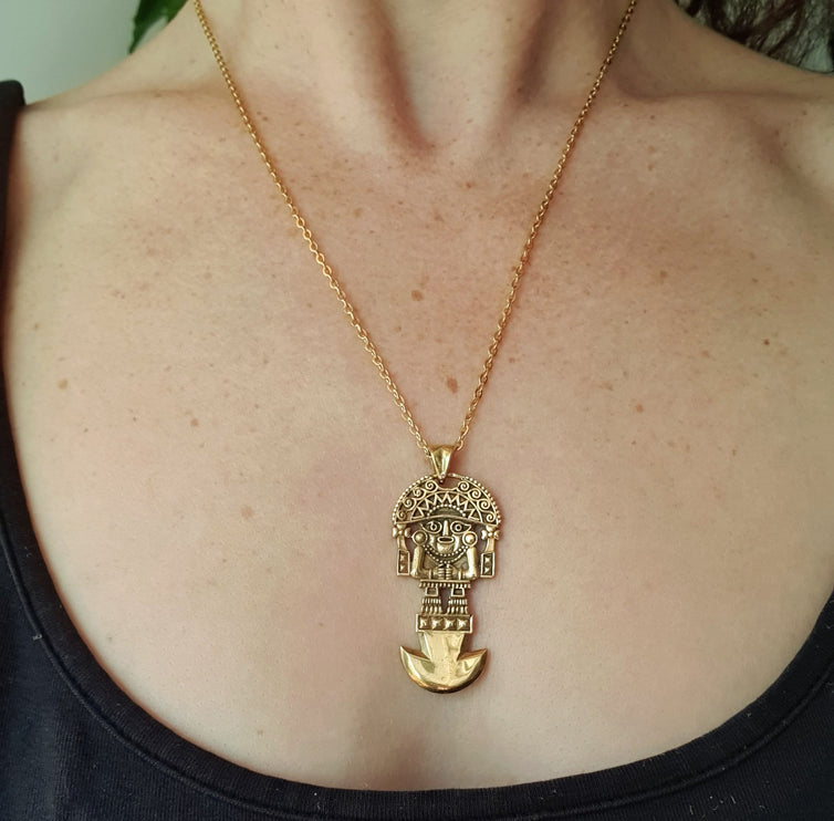 Gold Sacred Mayan God Pantheon Necklace / Hypoallergenic / Brass / Boho / Aztec / Inca / Ethnic / Hypoallergenic / Third Eye / Illuminati