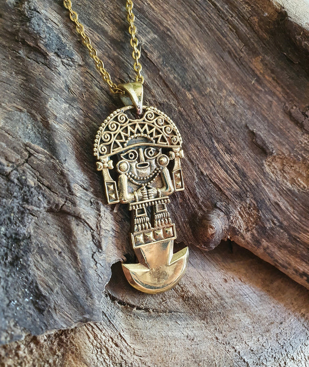 Gold Sacred Mayan God Pantheon Necklace / Hypoallergenic / Brass / Boho / Aztec / Inca / Ethnic / Hypoallergenic / Third Eye / Illuminati