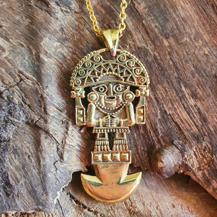 Gold Sacred Mayan God Pantheon Necklace / Hypoallergenic / Brass / Boho / Aztec / Inca / Ethnic / Hypoallergenic / Third Eye / Illuminati