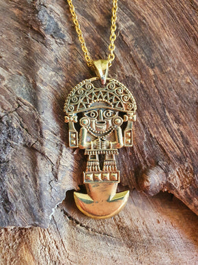 Gold Sacred Mayan God Pantheon Necklace / Hypoallergenic / Brass / Boho / Aztec / Inca / Ethnic / Hypoallergenic / Third Eye / Illuminati