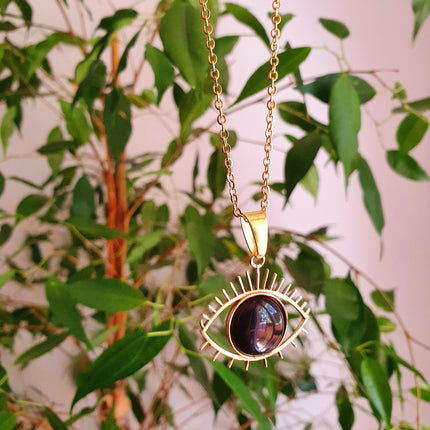 Gold Eye of Protection Necklace / Third Eye / Black Onyx / Hypoallergenic / Brass / Boho / Talisman / Ethnic / Hypoallergenic / Illuminati