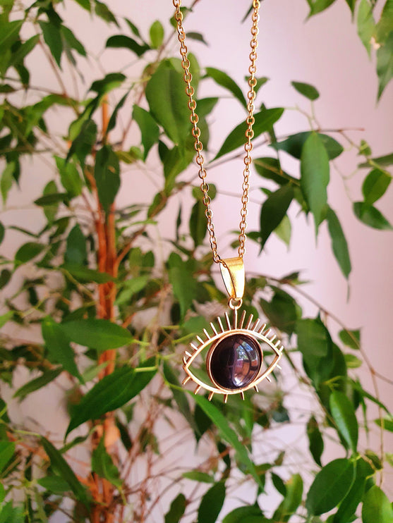 Gold Eye of Protection Necklace / Third Eye / Black Onyx / Hypoallergenic / Brass / Boho / Talisman / Ethnic / Hypoallergenic / Illuminati