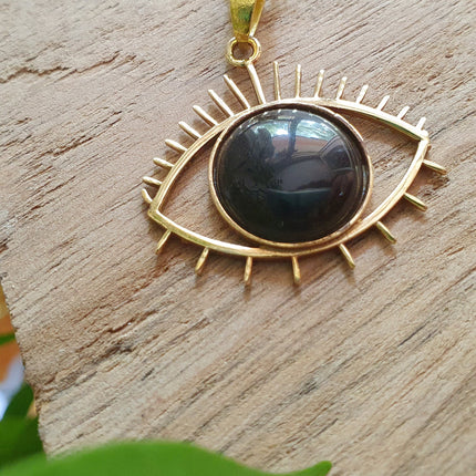 Gold Eye of Protection Necklace / Third Eye / Black Onyx / Hypoallergenic / Brass / Boho / Talisman / Ethnic / Hypoallergenic / Illuminati