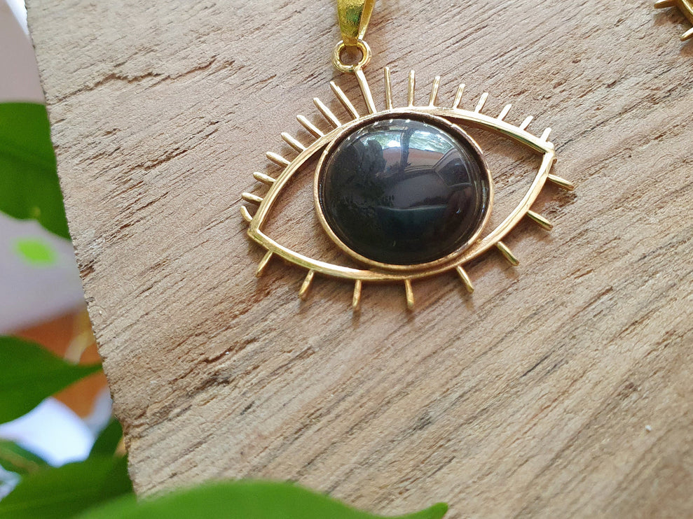 Gold Eye of Protection Necklace / Third Eye / Black Onyx / Hypoallergenic / Brass / Boho / Talisman / Ethnic / Hypoallergenic / Illuminati