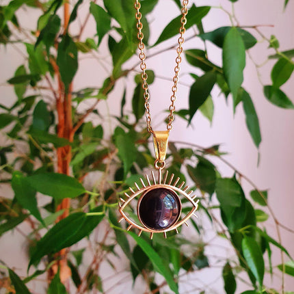 Gold Eye of Protection Necklace / Third Eye / Black Onyx / Hypoallergenic / Brass / Boho / Talisman / Ethnic / Hypoallergenic / Illuminati