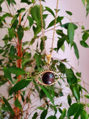 Gold Eye of Protection Necklace / Third Eye / Black Onyx / Hypoallergenic / Brass / Boho / Talisman / Ethnic / Hypoallergenic / Illuminati