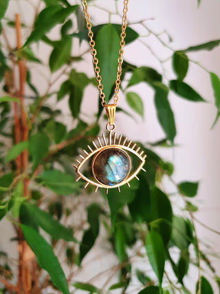Gold Eye of Protection Necklace / Labradorite / Third Eye / Hypoallergenic / Brass / Boho / Inca / Ethnic / Hypoallergenic / Illuminati