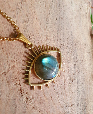 Gold Eye of Protection Necklace / Labradorite / Third Eye / Hypoallergenic / Brass / Boho / Inca / Ethnic / Hypoallergenic / Illuminati