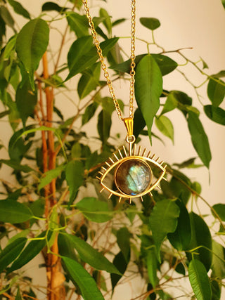 Gold Eye of Protection Necklace / Labradorite / Third Eye / Hypoallergenic / Brass / Boho / Inca / Ethnic / Hypoallergenic / Illuminati