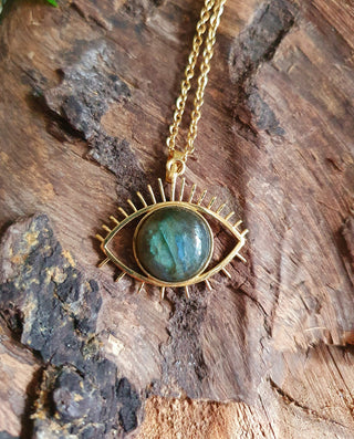 Gold Eye of Protection Necklace / Labradorite / Third Eye / Hypoallergenic / Brass / Boho / Inca / Ethnic / Hypoallergenic / Illuminati
