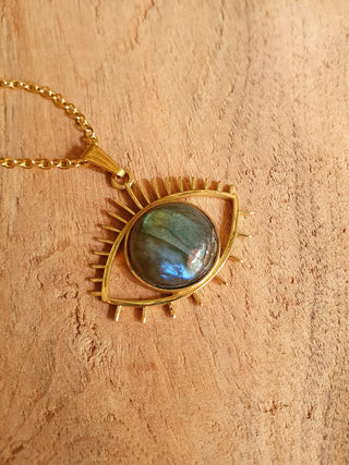 Gold Eye of Protection Necklace / Labradorite / Third Eye / Hypoallergenic / Brass / Boho / Inca / Ethnic / Hypoallergenic / Illuminati