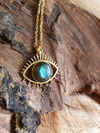 Gold Eye of Protection Necklace / Labradorite / Third Eye / Hypoallergenic / Brass / Boho / Inca / Ethnic / Hypoallergenic / Illuminati