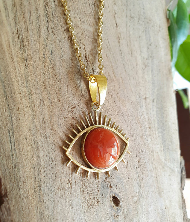 Gold Eye of Protection Necklace / Cornelian / Third Eye / Hypoallergenic / Brass / Boho / Inca / Ethnic / Hypoallergenic / Illuminati