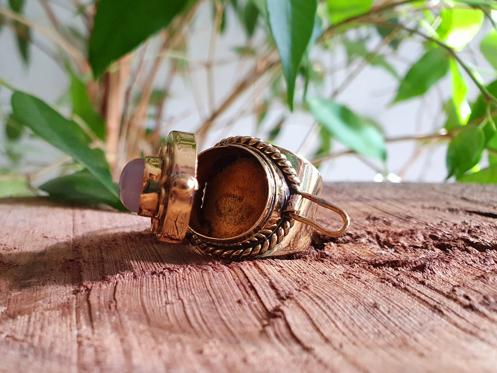 Gold Poison Ring / Brass & Rose Quartz / Alchemy / Locket Ring / Boho / Bohemian / Rustic / Tribal / Gypsy / Festival / Healing / Festival